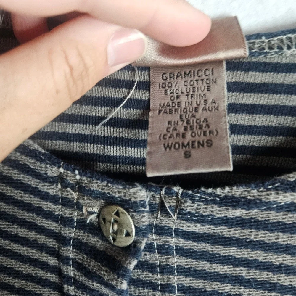Gramicci Womens Small Striped Cotton Cardigan Button Up Sweater Blue Grey USA